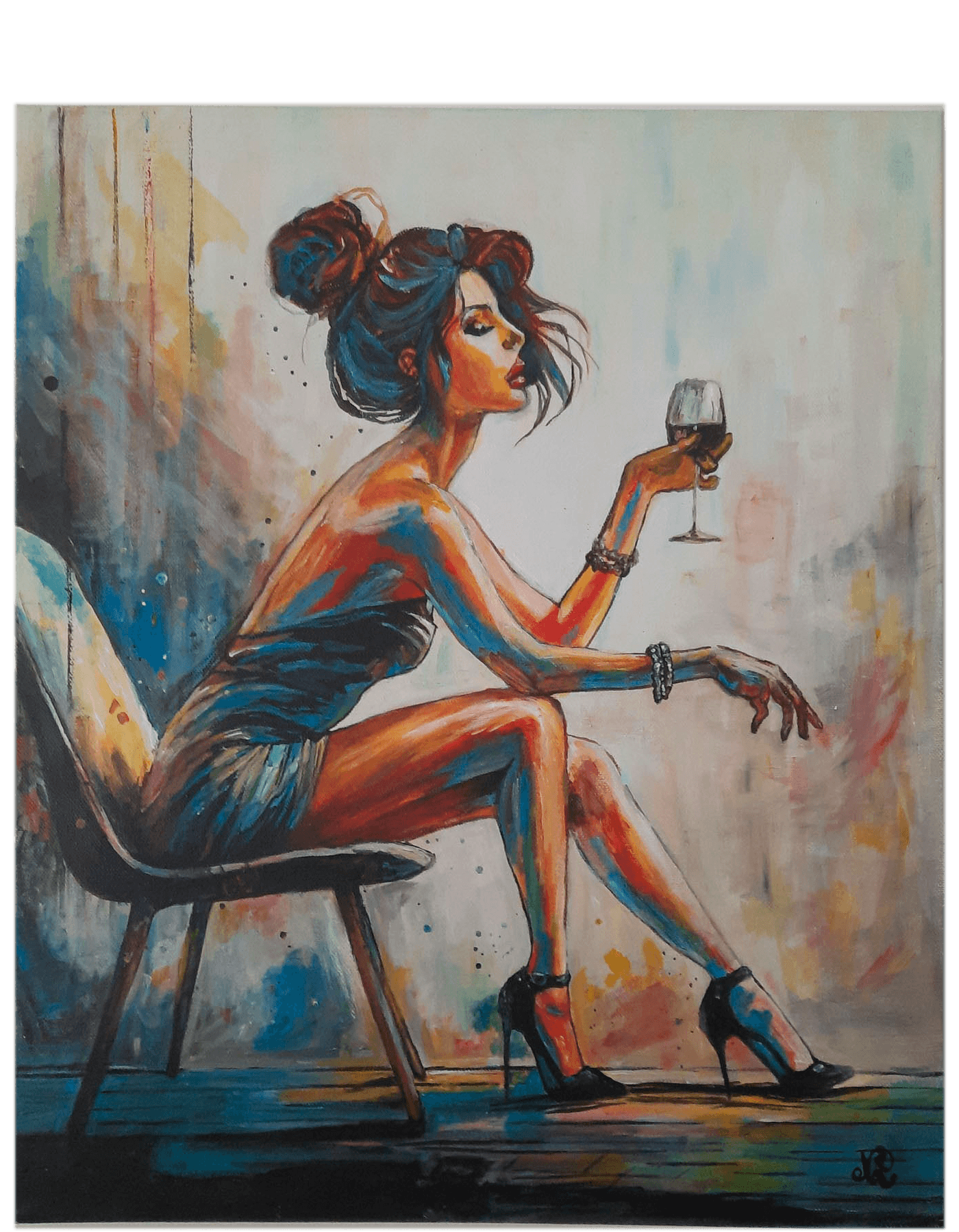Nouveau tableau colore pop femme avec verre de vin