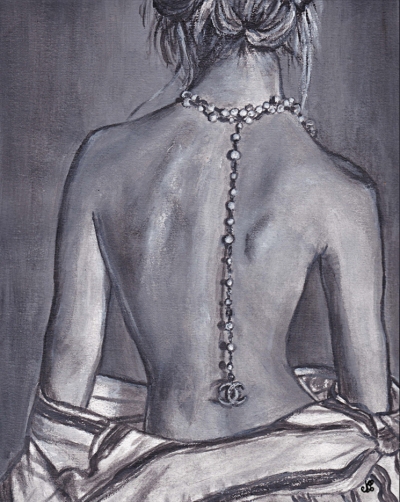 Affiche murale noir et blanc - femme de dos collier coco chanel
