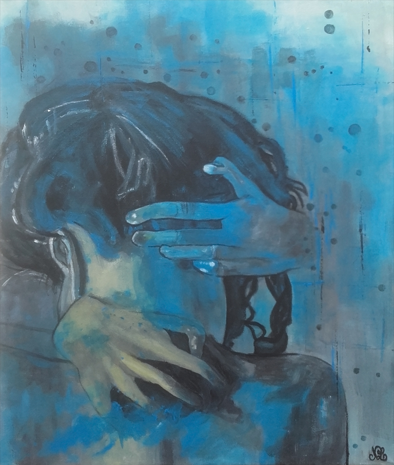 Tableau peinture moderne bleu vibrant femme de dos